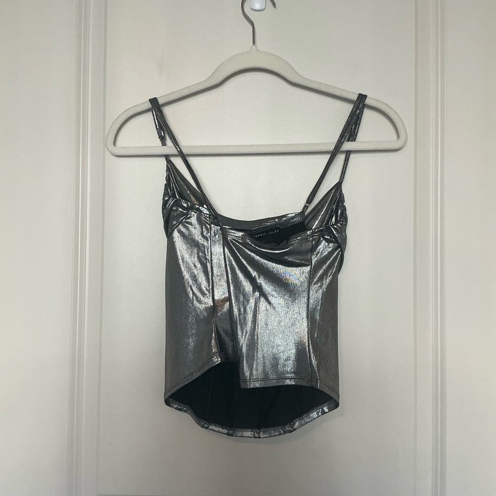 Sincerely Jules Metallic Silver Women's Corset Top with Crisscross Back - Picture 2 of 3